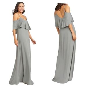 Show Me Your MuMu Caitlin Ruffle Cold Shoulder Maxi Dress in Dove Grey C…